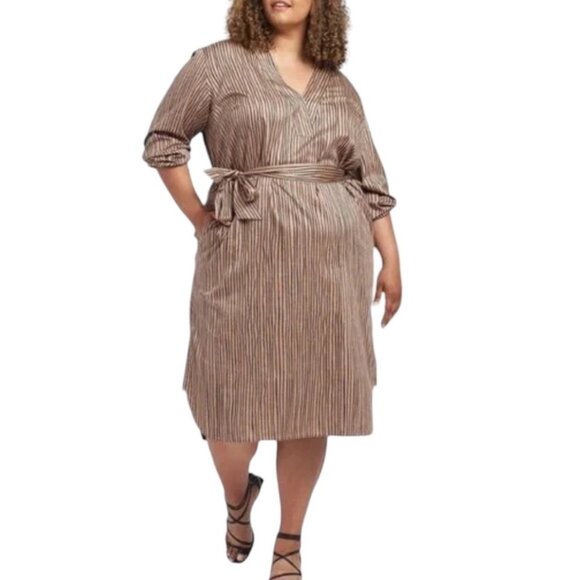 Universal Standard V-Neck Striped Belted Cotton Dress - US size L = 22/24 - Picture 1 of 16